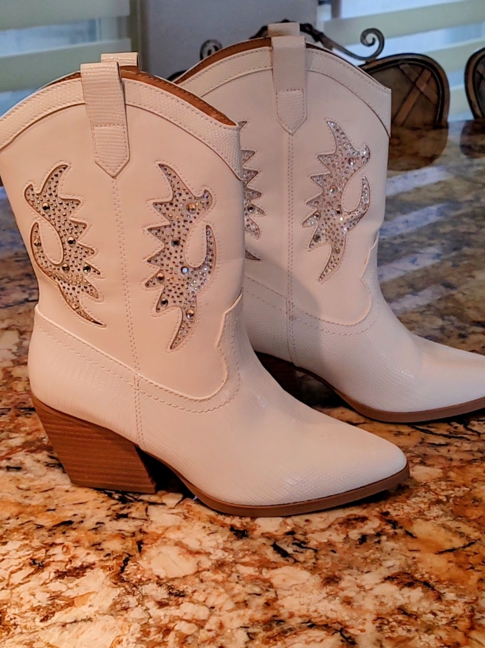 Soda White Rhinestone Western Mid-Calf Heeled Cowboy Boots - Picture 4 of 14